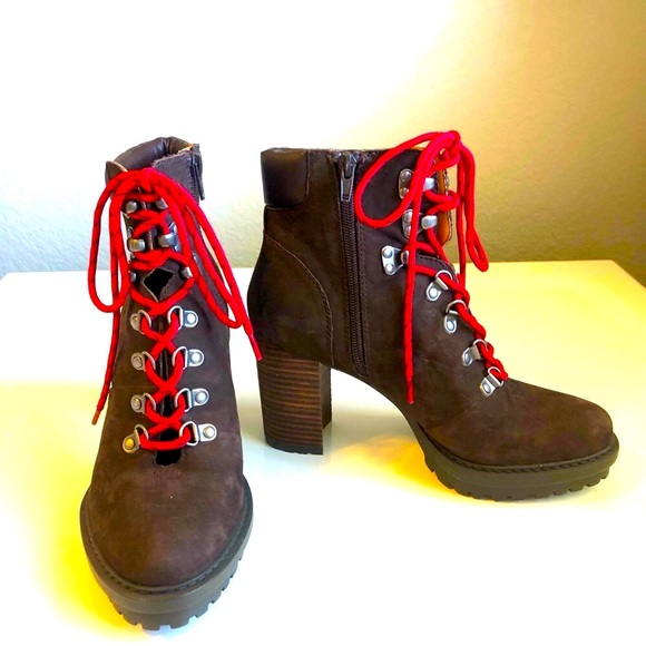 New LUCKY BRAND Bradli Brown Nubuck Platform Ankle Boot Block Heel Red Laces 6.5 - Picture 1 of 6